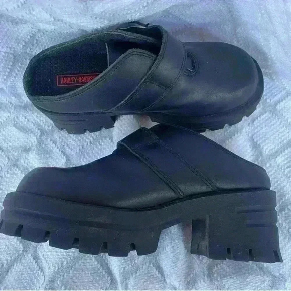 Vintage Harley Davidson Black Leather Chunky Buckle Slip On Platform Shoes 5.5 - Picture 2 of 8